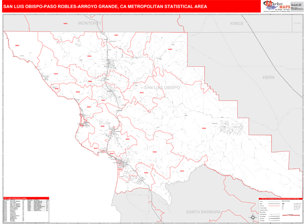 San Luis Obispo-Paso Robles-Arroyo Grande Metro Area Digital Map Red Line Style